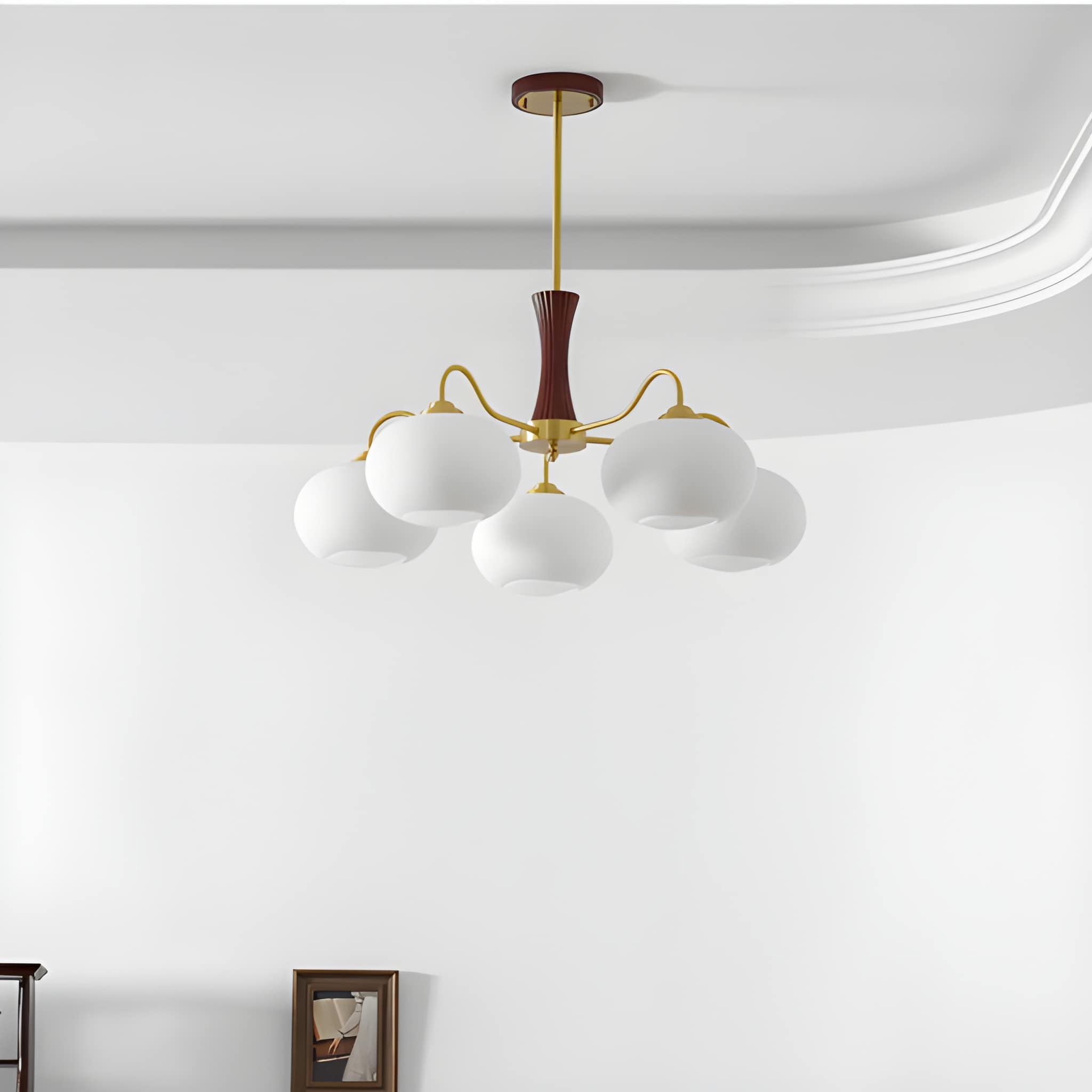 Persimmon Glass & Brass Chandelier - Natural Wood Mid-Century Chandelier