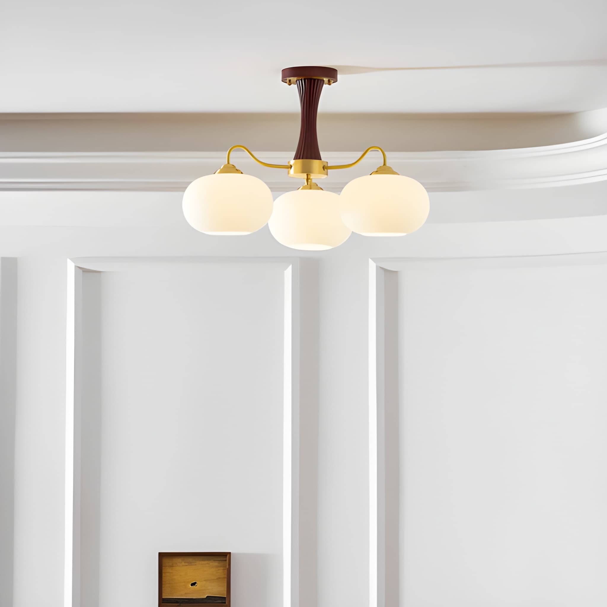 Persimmon Glass & Brass Chandelier - Natural Wood Mid-Century Chandelier