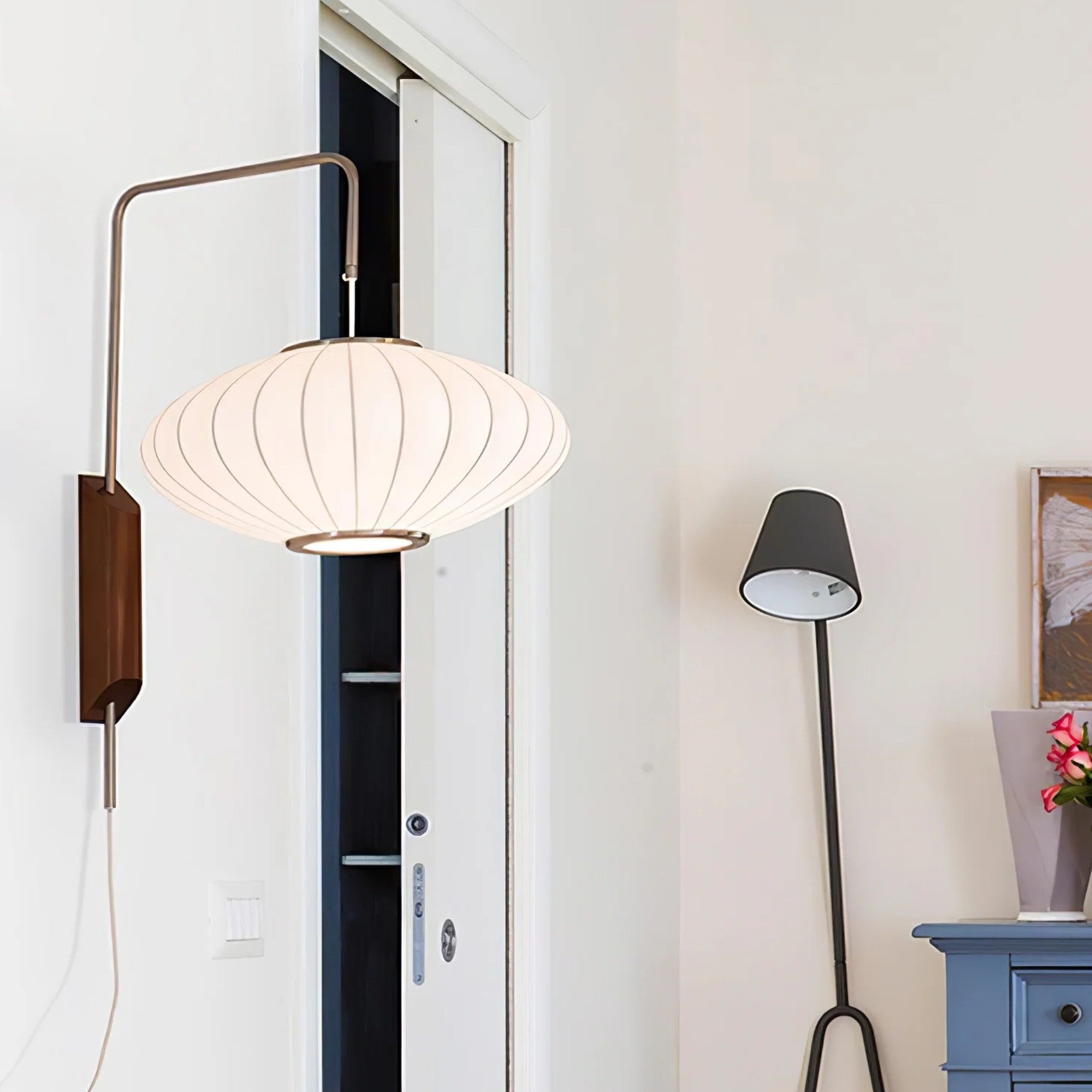 Mid-Century Modern Plug-In Wall Sconce - Adjustable Swivel Ball Light with Walnut Accent & Cord