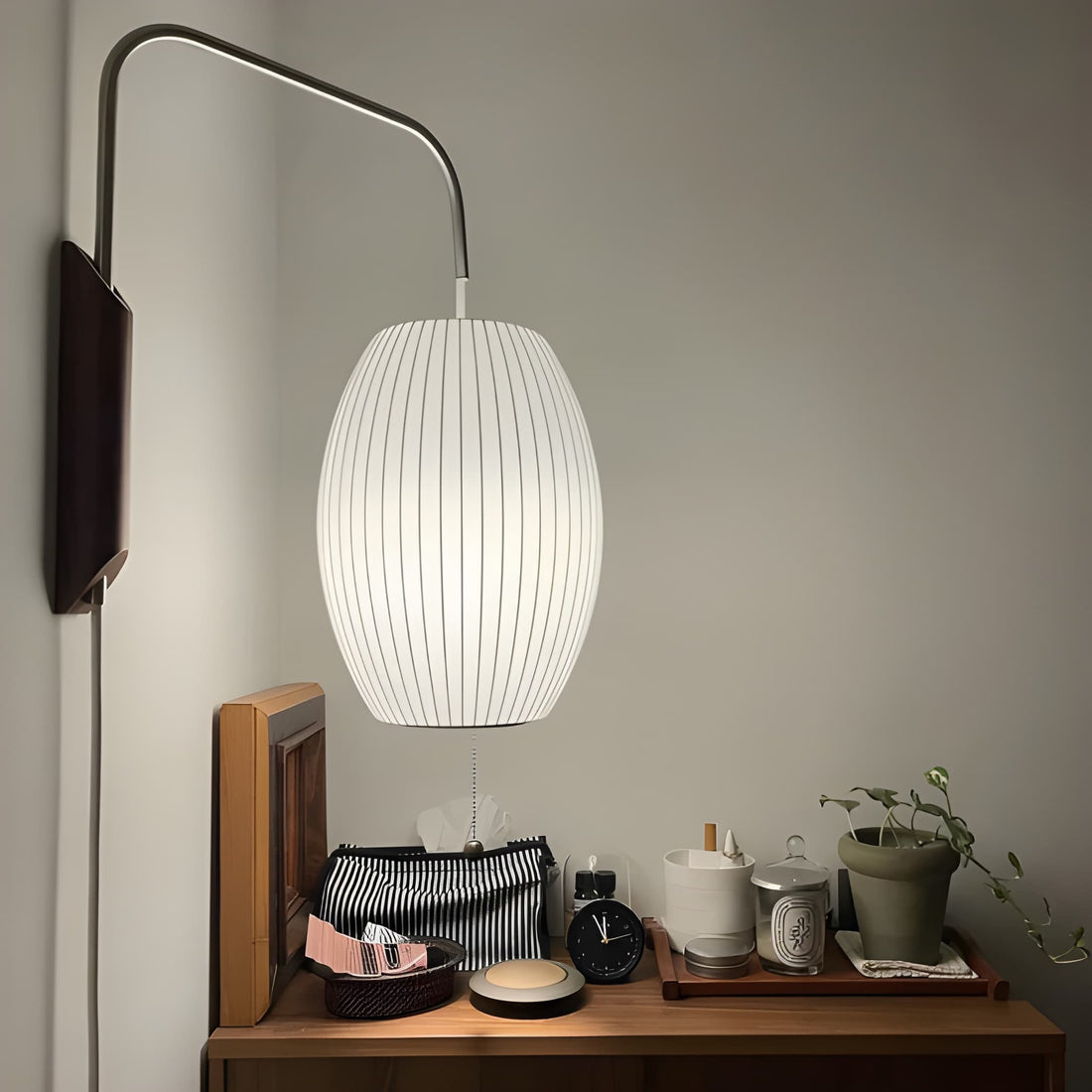 Mid-Century Modern Plug-In Wall Sconce - Adjustable Swivel Ball Light with Walnut Accent & Cord